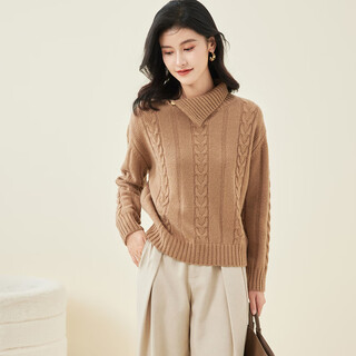 Jinju special offer thick 100% sheep wool 2025 autumn and winter wool top oblique placket lapel solid color wool sweater women's sweater camel m