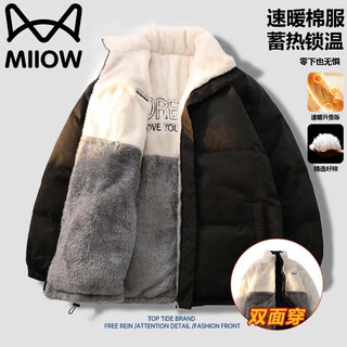 Catman cotton jacket men's autumn and winter lamb velvet jacket trendy brand reversible cotton jacket warm cotton jacket bread jacket black l