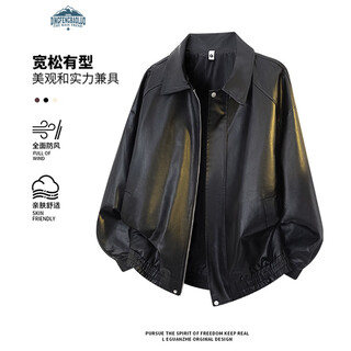 Dingfengbaoluo american leather jacket men's autumn retro motorcycle loose solid color casual jacket xqd99 black xl