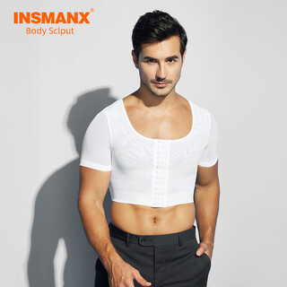 Insmanx men's shapewear corset, slim chest, short-sleeved, buttoned zipper design, chest shaping, large breasts, highlighted point tights, buttoned white xl