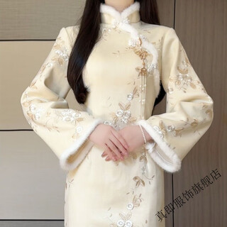 Zhenji matcha 2025 winter new improved cheongsam embroidered plus velvet j thickened fur collar female model new chinese style skirt beige cheongsam embroidered velvet thickened s