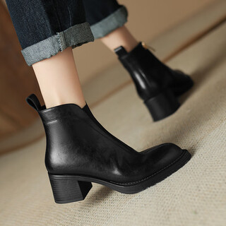 Fanvalo brand british genuine soft leather brown chelsea short boots for women 2026 versatile thick heel high heel ankle boots martin boots black single lining 36