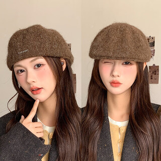 Panxing korean version of ins style beret, worn backwards, high-end fashion forward hat, versatile autumn and winter face-showing small knitted painter hat, brown, one size fits all