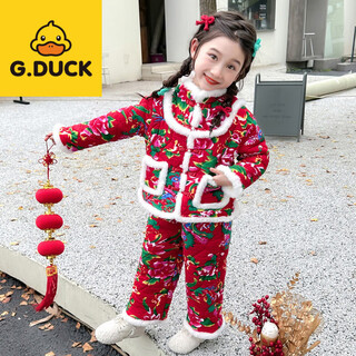 G.duck girls' northeastern large flower jacket and velvet suit winter style western style cotton clothes and velvet thickened baby cotton pants sports two-piece set red_fleet and thickened for winter 100 cm_ recommended height is about 95cm