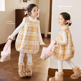 LUSON小O宝童装 女宝宝格子毛呢套装富家千金风2025冬装女童加绒花苞裙