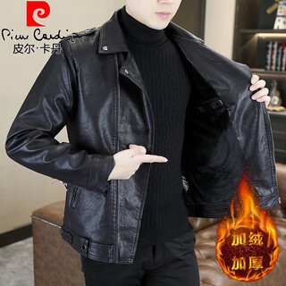 Pierre cardin winter 2025 new leather jacket men's suit collar plus velvet thickening korean style leather jacket men's cool jacket black thickened plus velvet l 105-120jin jin equals 0.5 kg