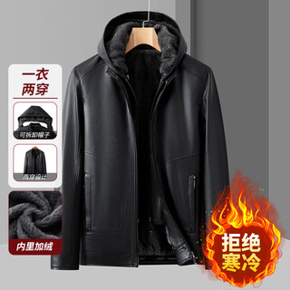 Hengyuanxiang 2025 новая зимняя бархатная утолщенная кожаная куртка для мужчин среднего возраста, кожаная куртка с капюшоном, зимняя куртка для папы, черная xl 180