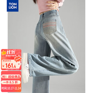 Tonlion 2025 autumn women's back pocket embroidered velvet jeans light denim blue 29