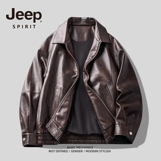 Jeep spirit jeep hall pattern cxl oil wax water dyed rub lapel leather jacket for men 2025 autumn american motorcycle leather jacket for men dark brown batik handsome loose version xl 150-170jin jin is equal to 0.5 kg