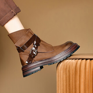 Cardinal winter retro thick-soled short boots, versatile martin boots, fashionable women's shoes, black leather 34