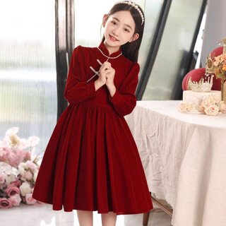 Girls' winter dress, new chinese style dress, velvet children's skirt, red new year's greeting dress, girl princess dress, red velvet style, velvet lining 150