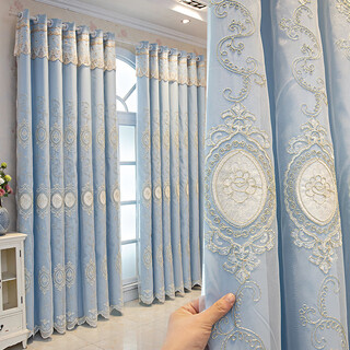 A complete set of light luxury embroidered curtains for the living room and bedroom, custom-made blackout cloth and sand double-layered one-piece whole house cloth with pole, double-layered one-piece blue/mirror flower perforated style, two pieces 1.4 meters wide*height 2.7 meters/with pole 1.8 meters