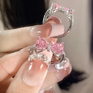 Pink diamond bow ring for women niche pink love index finger ring open ring adjustable m564 pink bow open ring