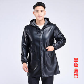 Hooded leather pu coat overalls for slaughtering and breeding pigs, chemical oil-proof, waterproof, windproof and velvet leather coat, black, thin velvet, short 44/190220-270jin jin equal to 0.5kg, set with cotton coat