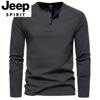 Jeep spirit spring and autumn men's pure cotton henley collar long sleeve t-shirt youth european and american simple elastic slim solid color versatile bottoming shirt dark gray xl 140-160jin jin is equal to 0.5 kg