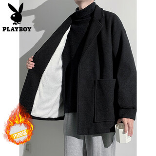 Playboy (playboy) sense of lamb velvet jacket men's autumn and winter short woolen jacket light mature style plus velvet thick woolen suit coat black plus velvet thickened l recommended 115-135jin jin equals 0.5 kg