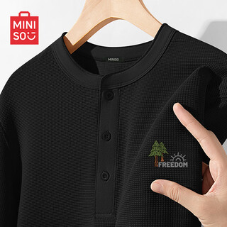 Miniso waffle henley collar long sleeve t-shirt men's large size bottoming shirt autumn men's textured top z black l