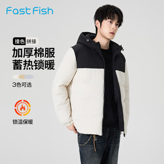 Kuaiyu thick short hooded cotton jacket men's 2025 new winter clothes contrast color stitching warm cotton jacket versatile men's top off-white l