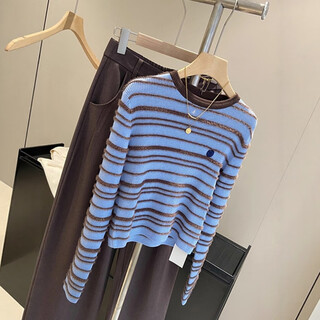 Su yuwei's french contrast striped wool sweater with round neck sweater for women's autumn high-end slim-fitting bottoming shirt blue top follow the store - free shipping insurance s (80-95jin jin is equal to 0.5kg)