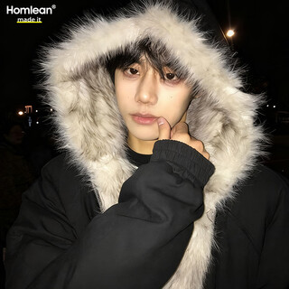 Homlean heavyweight fur collar hooded mountain carving cotton jacket for men and women, winter plus velvet warm couple coat hy98 black l