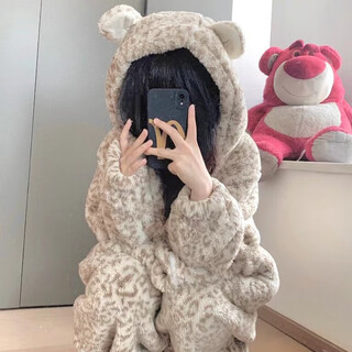 Yu zhaolin (yuzhaolin) winter pajamas for women autumn and winter coral velvet 2025 new thickened cute leopard print one-piece plus velvet hooded nightgown winter