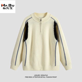 Mr. bu couple's clothing autumn and winter american retro splicing contrasting sweaters henry collar half-zip warm sweaters men's and women's jackets beige m