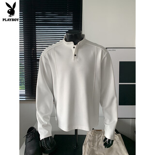 Playboy right shoulder sweatshirt cleanfit high-end pure white henley collar long-sleeved t-shirt men's autumn american style bottoming shirt white custom style m