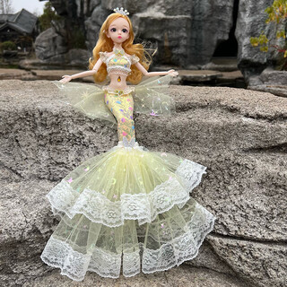 Shantou lincun's new mermaid princess doll children's birthday gift handmade wedding dress doll lace mermaid yellow about 45 cm long from head to tail