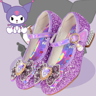 Girls high heels spring and autumn kuromi children's shoes children's purple princess crystal soft sole shoes children's leather shoes purple size 29 inner length 18.8cm
