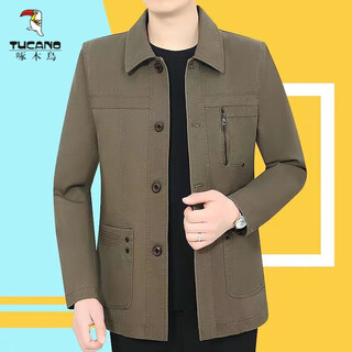 Woodpecker spring and autumn new middle-aged and elderly men's cotton jacket loose casual middle-aged lapel jacket dad's clothes dark khaki 2xl 185 codes 130-145jin jin is equal to 0.5 kg