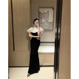 Yiou birthday adult ceremony annual party evening dress one-shoulder sequined velvet dress long 2166 black l