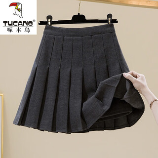 Woodpecker 2025 autumn and winter new woolen skirt women's high waist slim college style pleated skirt thickened a-line short dark gray (woolee material) l