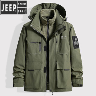 Jeep spirit jeep jacket men's winter three-in-one detachable charge windbreaker plus velvet thickened warm loose casual jacket army green 3xl recommended 150-165jin jin equals about 0.5 kg