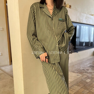 Goldlion绿色条纹感is风印花睡衣女长袖长裤2024春秋季家居服两件套 3111 套装 M