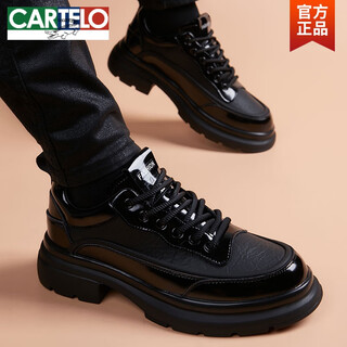 Cartelo men's leather shoes men's thick-soled british trend inner heightening derby shoes genuine leather business formal wear korean patent leather casual shoes black non-heightening 40