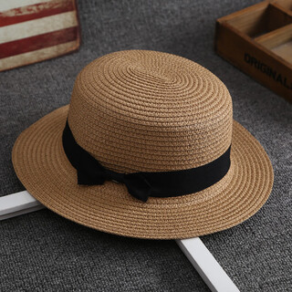 Qian huinong korean style straw hat for women summer british retro flat top small fresh top hat sun protection beach hat travel trendy summer dark khaki flat top bow straw hat m (56-58cm) adult style