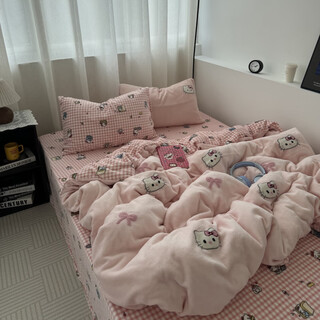 Mercury series girly heart pink kt cat towel embroidered thickened milk velvet four-piece set autumn and winter warm coral velvet 1.5m three-piece set sweet kitten - light pink cute towel embroidered milk velvet 0.9m bed sheet style three-piece set/quilt cover 150*200cm