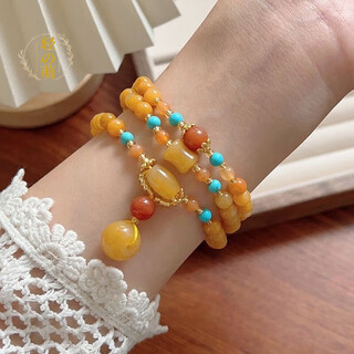 Cute natural beeswax three-circle bracelet for women, retro chinese style hand ornaments, lotus pod, safety buckle pendant, hand-held bead bracelet, safety buckle bracelet