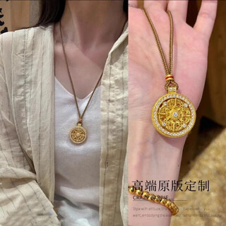 Junshi lao phoenix 999 gold new chinese style hollow eight treasure compass pendant for men and women imitation gold color long blessing necklace sifanglaifu rotating compass with coffee color rope laofeng