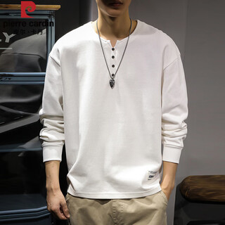 Pierre cardin autumn and winter heavyweight inner wear men's long-sleeved t-shirt loose large size american fashion brand top henry collar bottoming shirt sweatshirt white m suitable weight 90-130jin jin is equal to 0.5 kg
