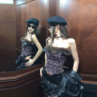 Grosfairy subculture millennium style dark panther pattern one shoulder tube top women's fur collar belt slim fit inner wear picture color_same style belt free s_recommended 90jin jin is equal to 0.5kg within