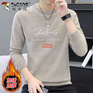 Woodpecker (tucano) sweater men's winter round neck knitted bottoming shirt men's velvet thickened warm one-fleece jacket khaki l