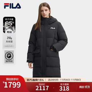 FILA 斐乐官方女士长款羽绒服冬季新款休闲舒适保暖连帽外套 正黑色-BK M 165/84A/M