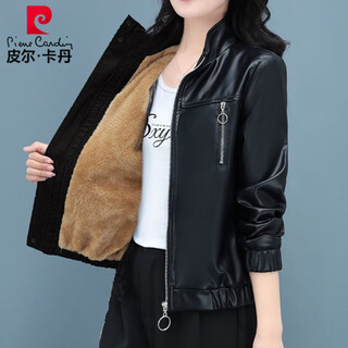 Pierre cardin velvet thickened leather jacket women's short style 2025 autumn and winter new slim casual fashionable leather jacket black-style plus velvet 2xl recommended 125-140jin jin equals 0.5 kg