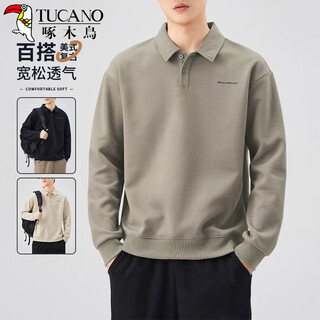 Woodpecker (tucano) polo shirt sweatshirt men's spring and autumn loose top 2025 new autumn collared men's long-sleeved t-shirt bottoming shirt gray green 2xl 140-160jin jin equals 0.5 kg