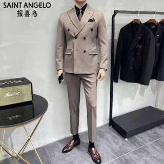Annunciation bird autumn and winter british slim high-level suit suit masculine groom wedding dress business formal striped suit double-breasted - brown three-piece suit (suit + vest + trousers) free black shirt m (48)