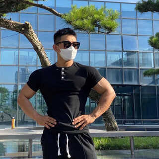 Yaoxin men's casual henley shirt short-sleeved fitness sports olo shirt training breathable high elastic slim open collar t-shirt black m 90115jin jin equals 0.5 kg
