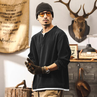 Houcheng fake two-piece american retro 400g heavyweight waffle long-sleeved t-shirt men's autumn light mature tough guy henry shirt top black 3xl (180-200jin jin is equal to 0.5 kg)