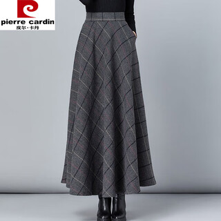 Pierre cardin's new woolen plaid skirt women's mid-length autumn and winter slimming temperament high-waisted a-line skirt casual long skirt dark gray plaid 2xl