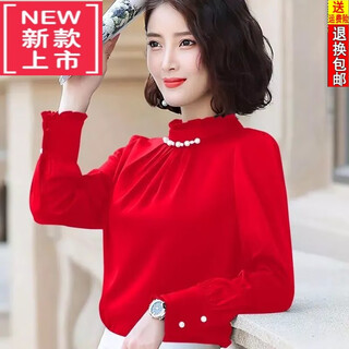 Tasi red shirt women's long-sleeved tops 24 spring and autumn new loose heavyweight silk ruffled stand-up collar bottoming shirt tops for women big red 3xl recommended 130-140jin jin equals 0.5 kg